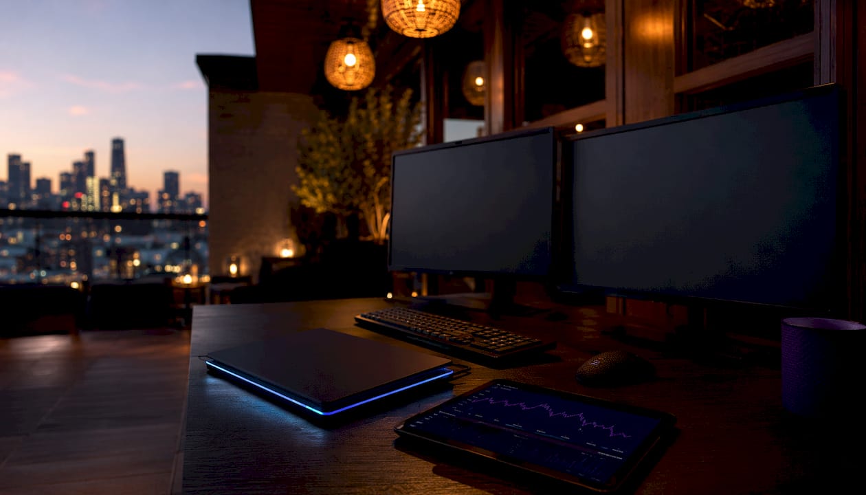 Minimalist fintech workspace with portfolio risk dashboard