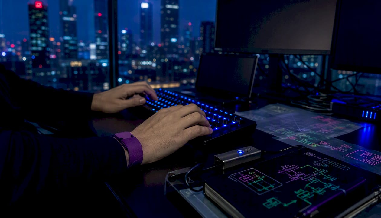 Dark fintech workspace with crypto trading devices and hands