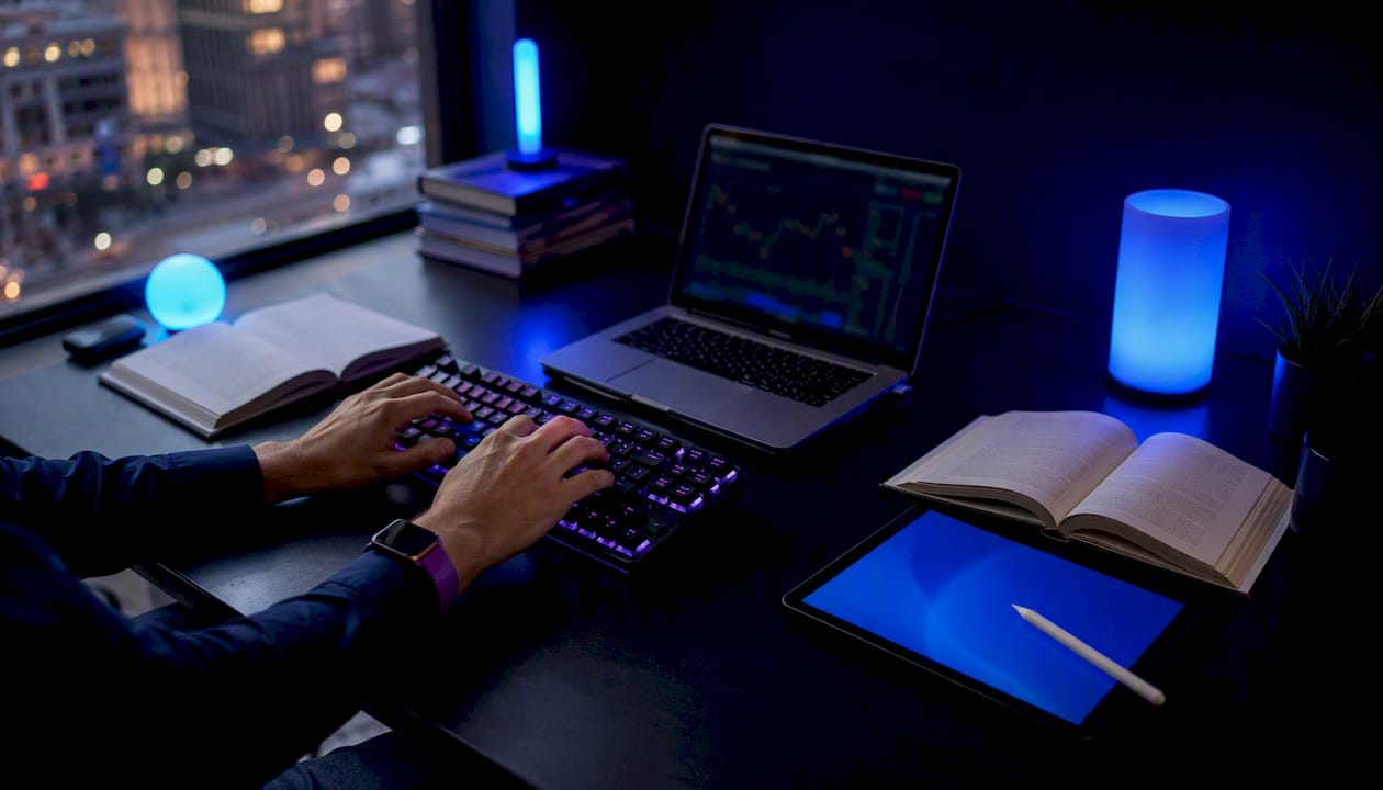 Hands interacting with crypto trading dashboard