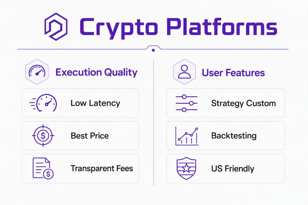 Infographic showing crypto platform comparison criteria