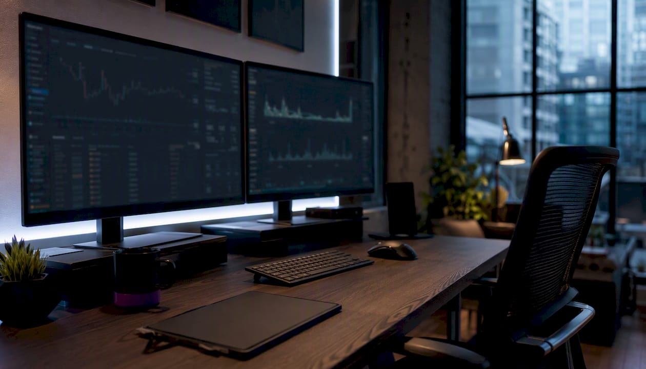 Workspace with crypto trading system screens off