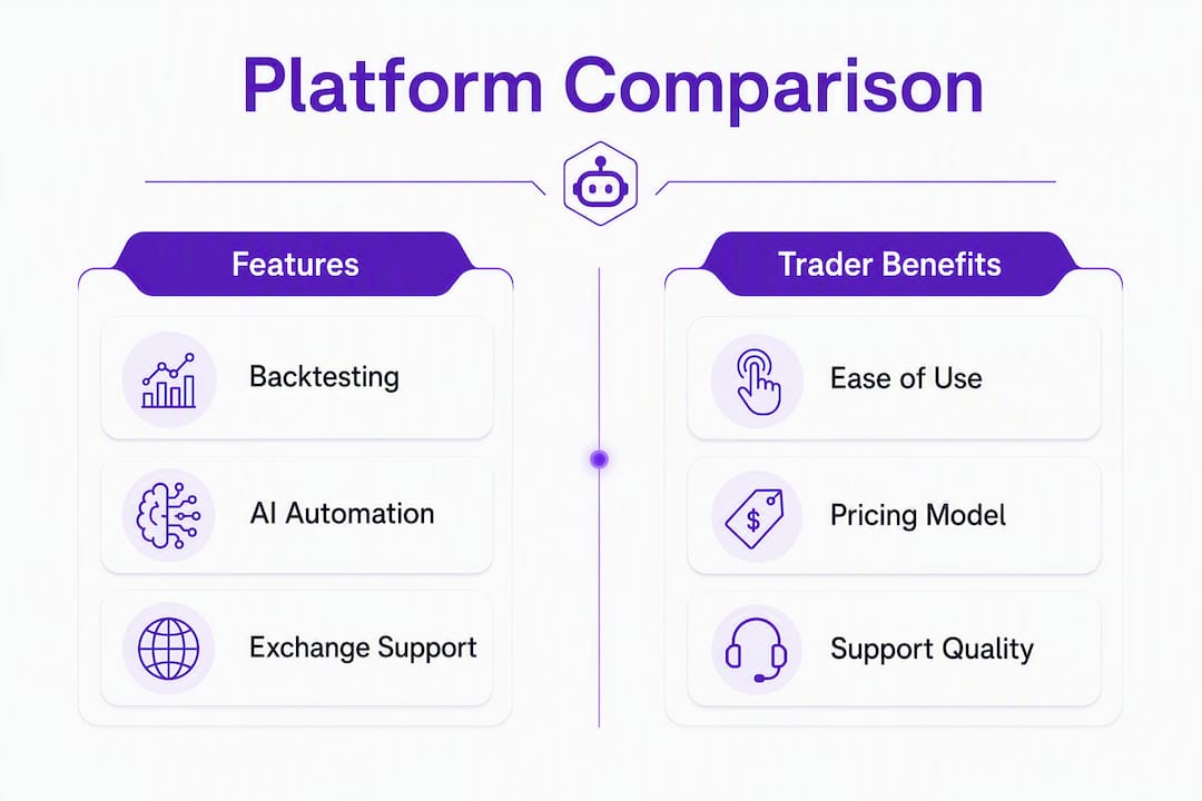 Infographic showing automated crypto platform features and benefits comparison