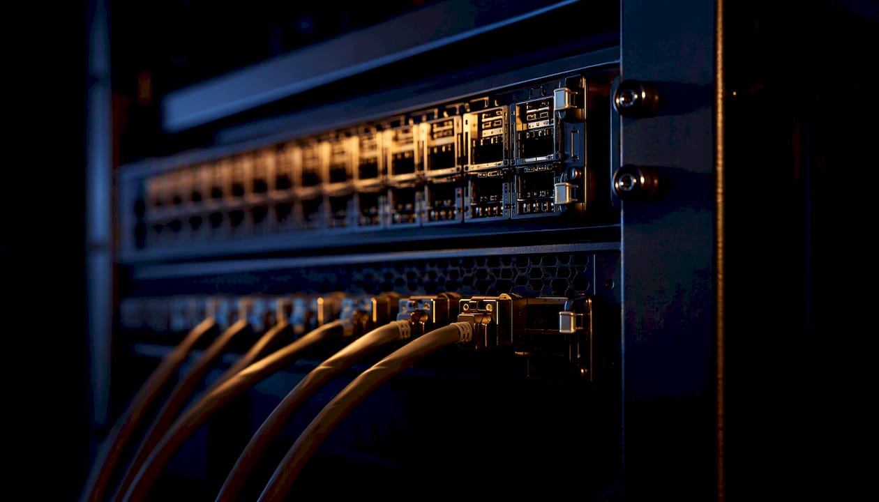 Close-up of secure network hardware with cables