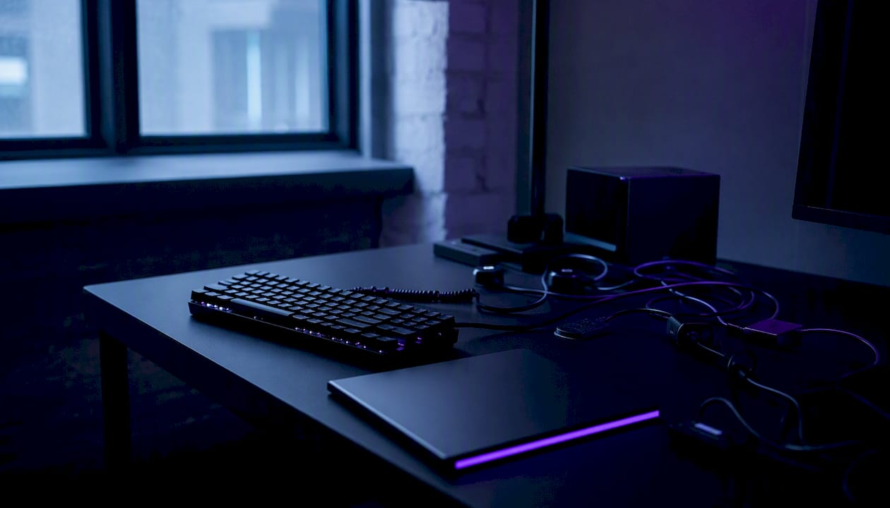 Close-up of fintech workspace with trading hardware details