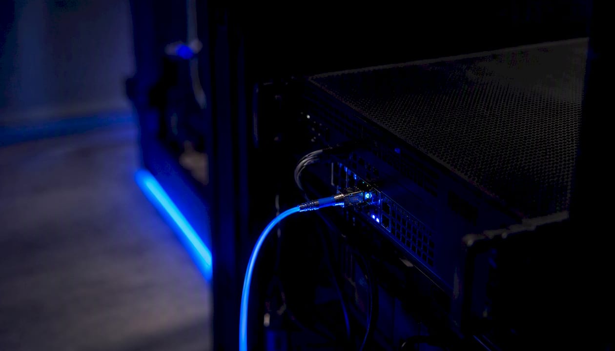 Close-up of server rack with network connectivity details