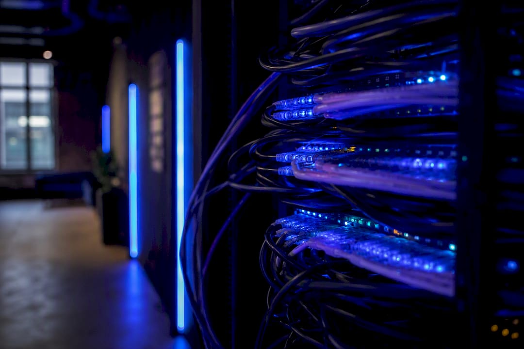 Close-up of illuminated servers in AI cloud trading platform