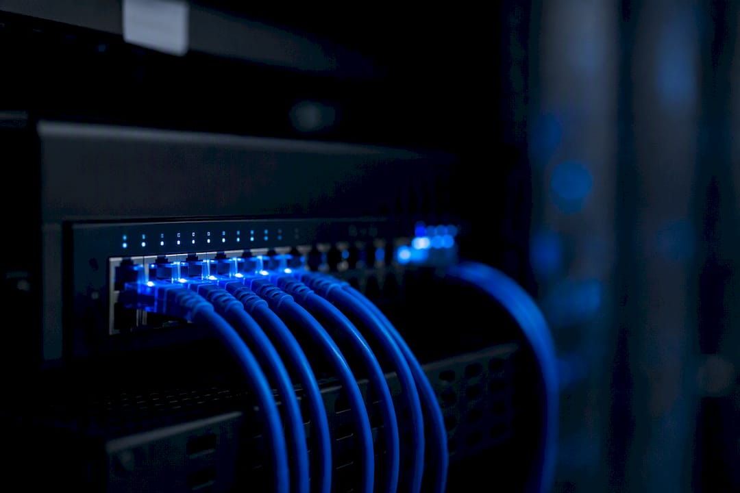 Close-up of network switch and cables