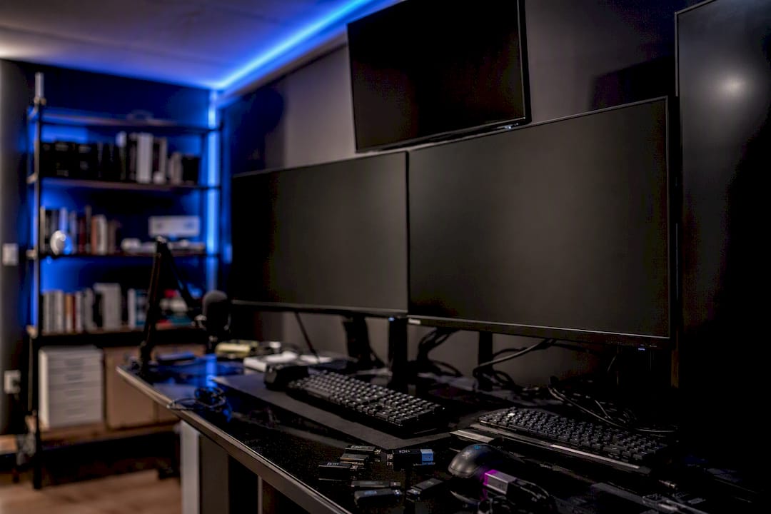 Fintech workspace with developer tools and devices