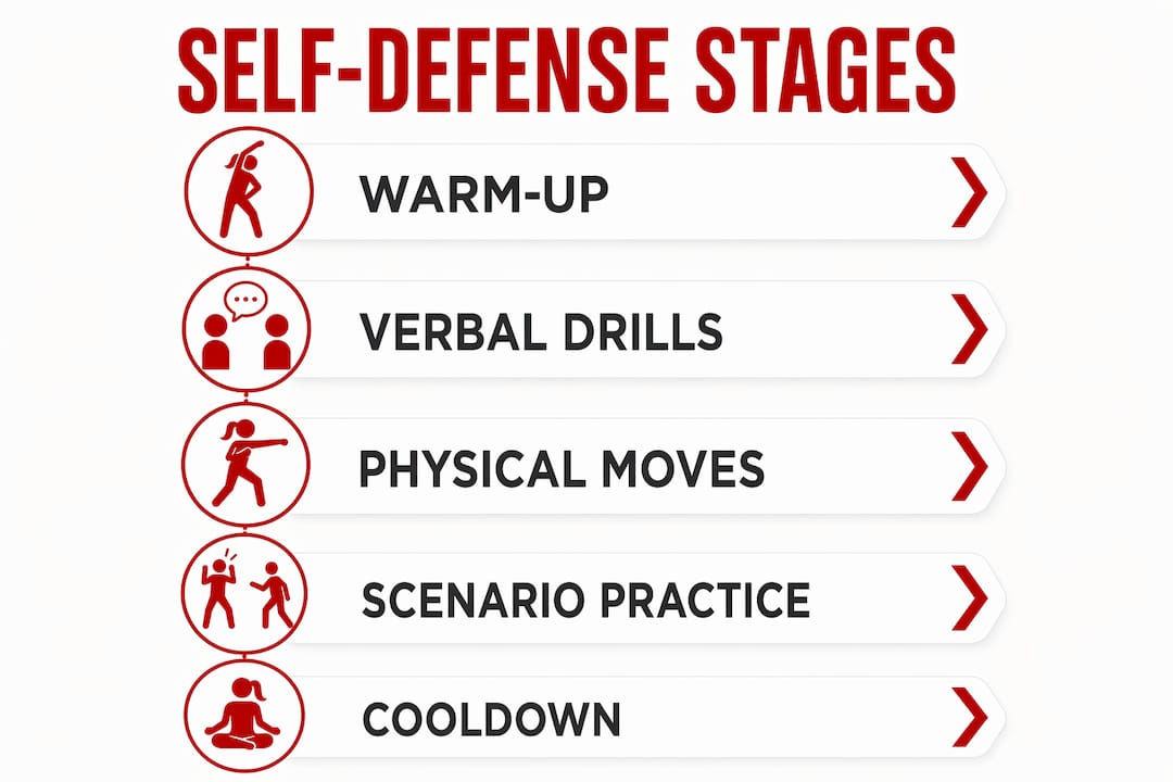 Infographic illustrating stages of a self-defense lesson