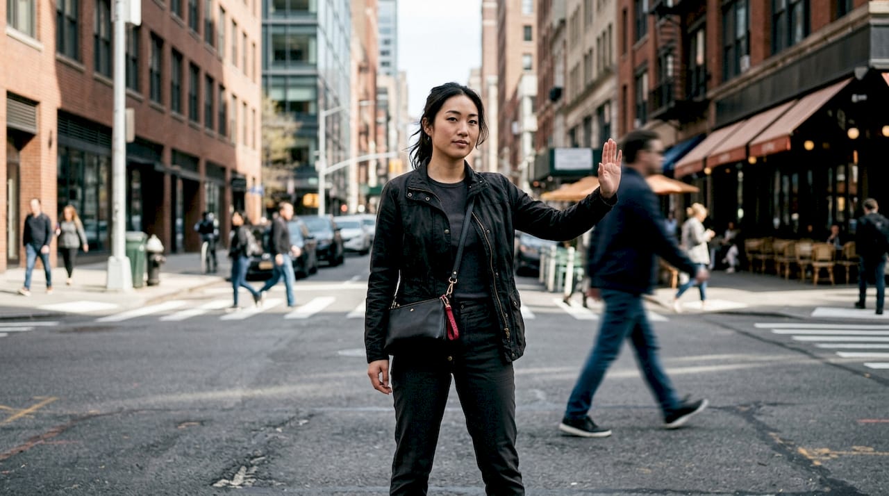 Woman confidently making stop gesture on street