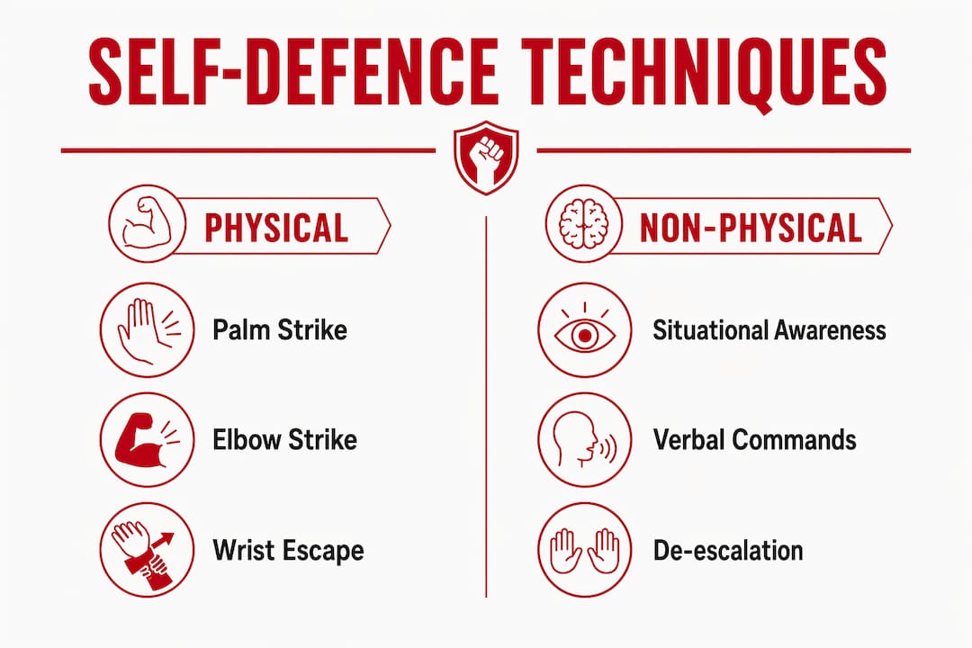 Infographic comparing physical and non-physical self-defence techniques