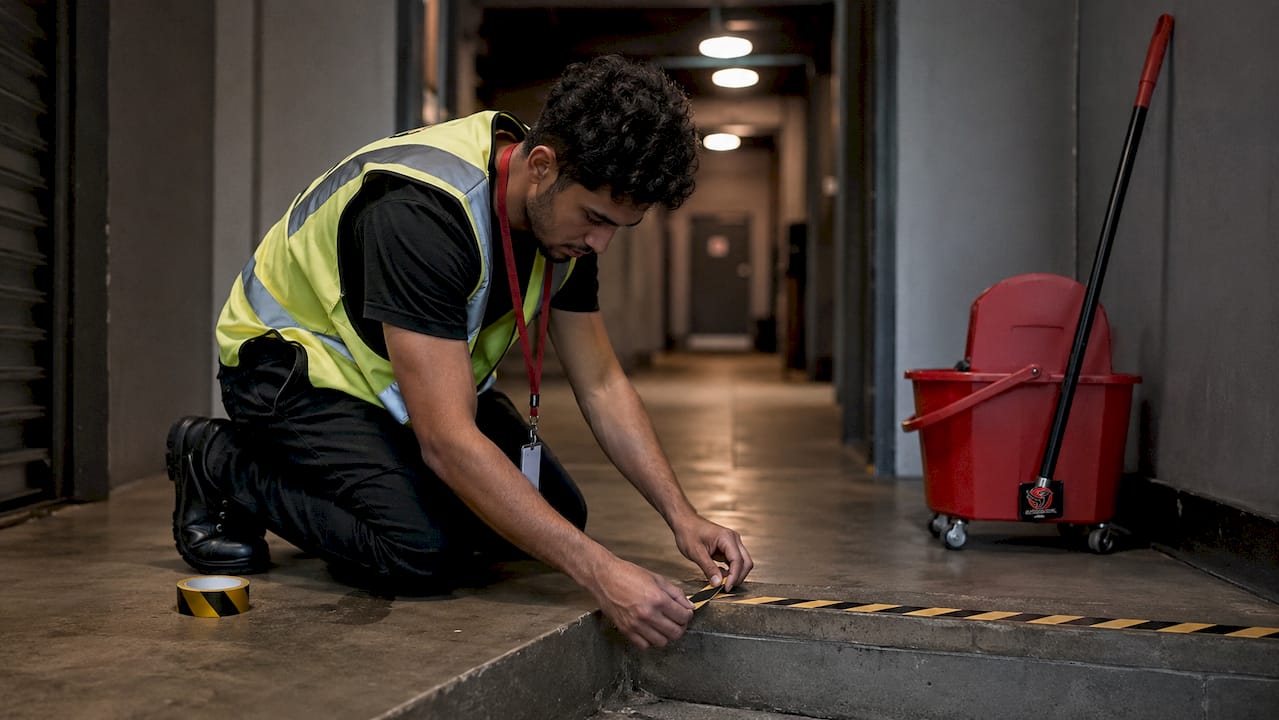 Hotel worker adding anti-slip tape on stairs
