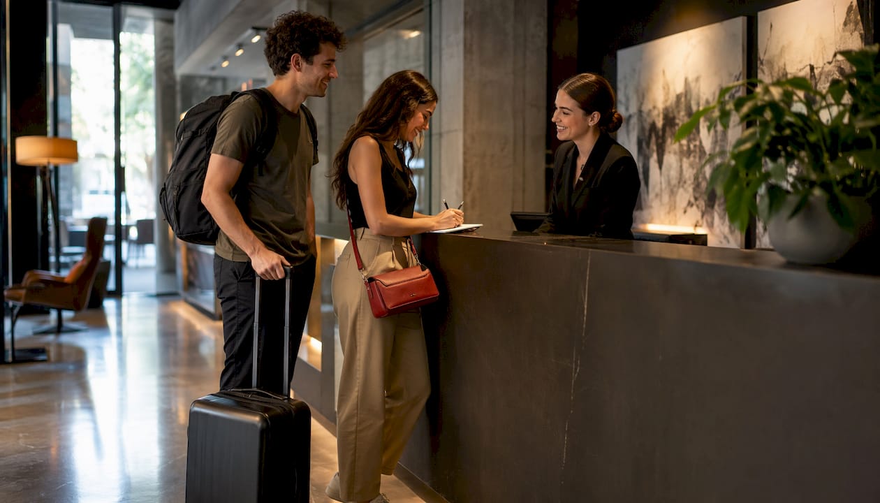 Couple talking to hotel front desk receptionist