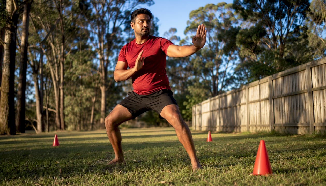 Man in safe stance practicing self defence