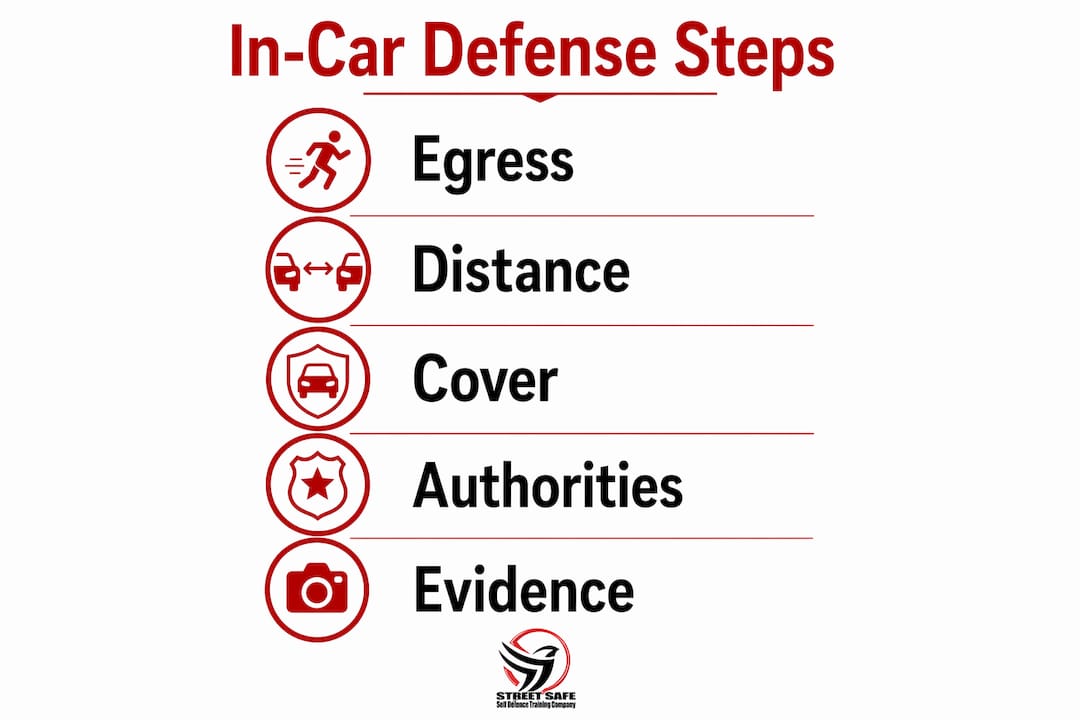 Infographic showing steps for in-car self defense priorities