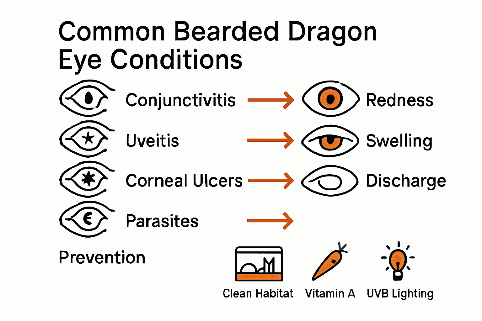 Infographic comparing common bearded dragon eye conditions, their symptoms, and prevention tips.