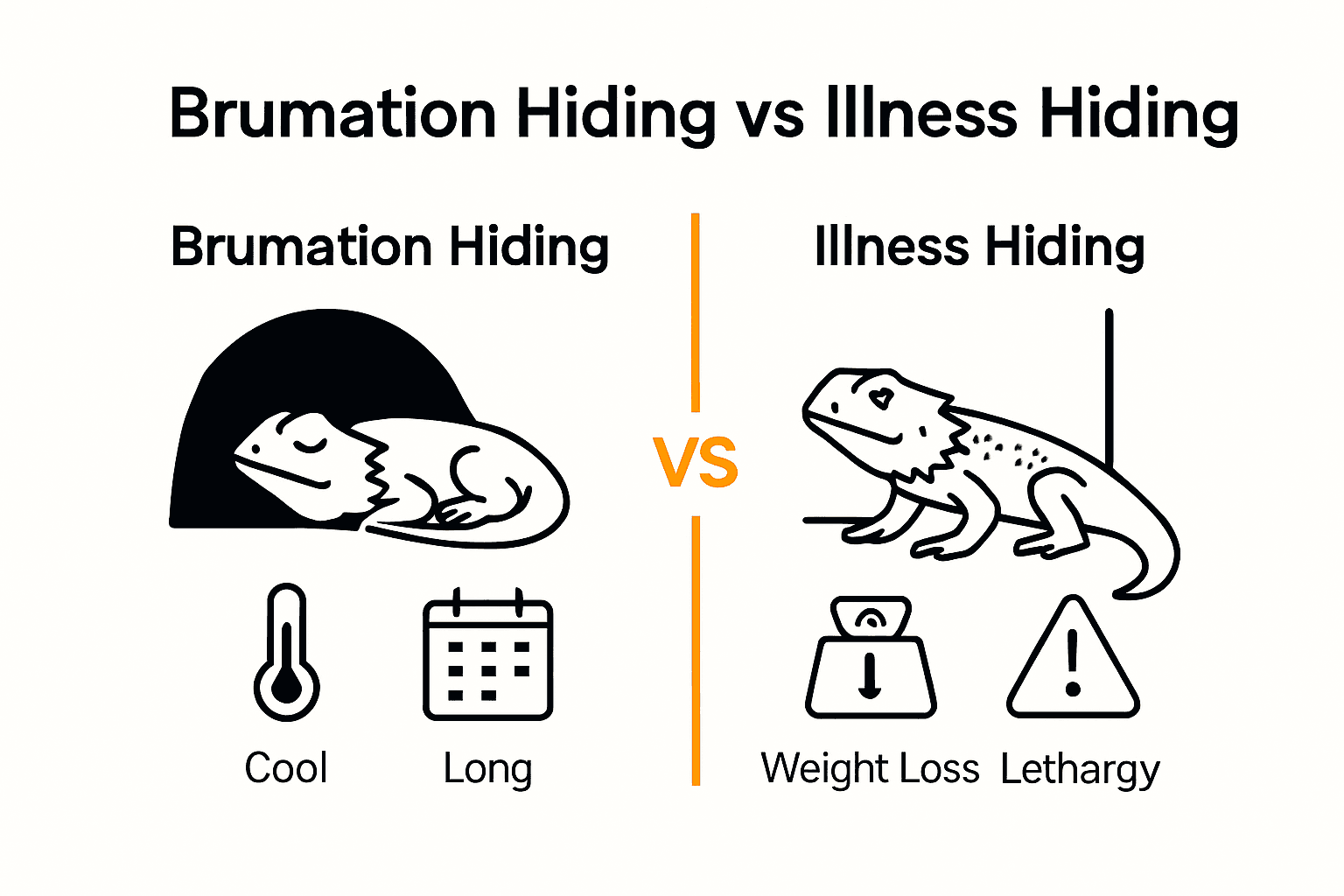 Infographic showing key differences between brumation and illness hiding in bearded dragons