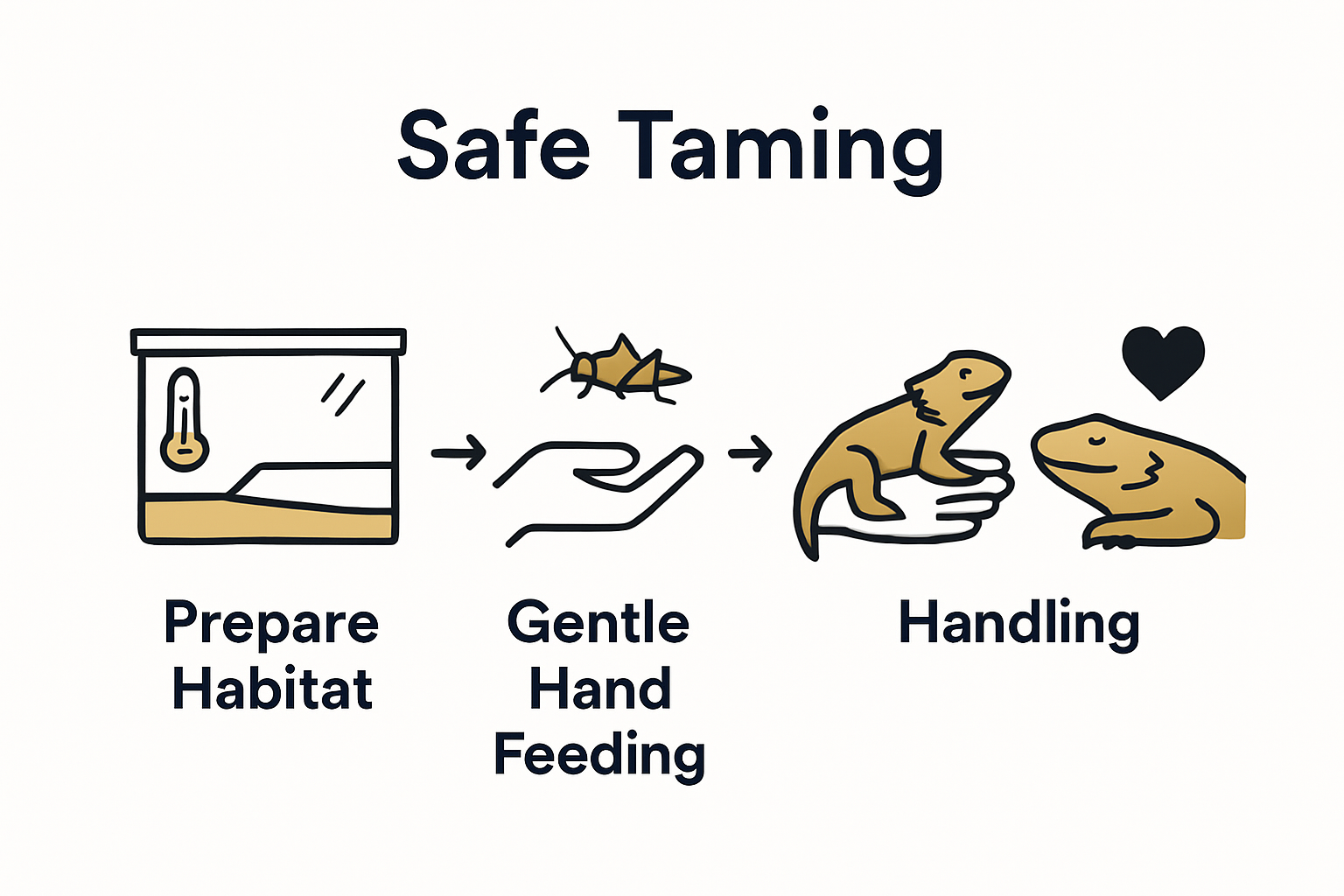 Infographic showing bearded dragon taming steps: set up habitat, hand feed, gentle handling, observe trust.