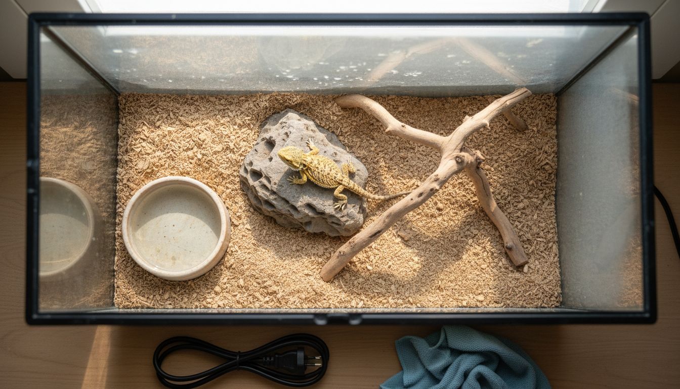 Juvenile bearded dragon in basic terrarium