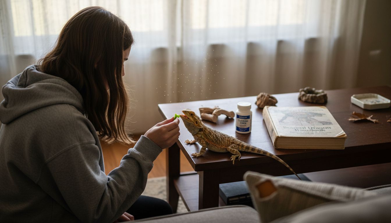 Girl hand feeding bearded dragon at home