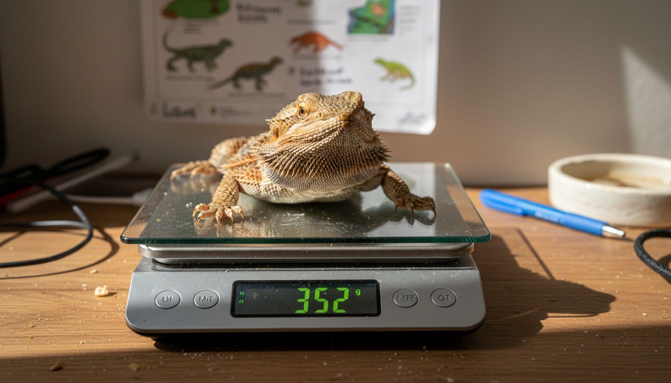 Bearded dragon being weighed at home