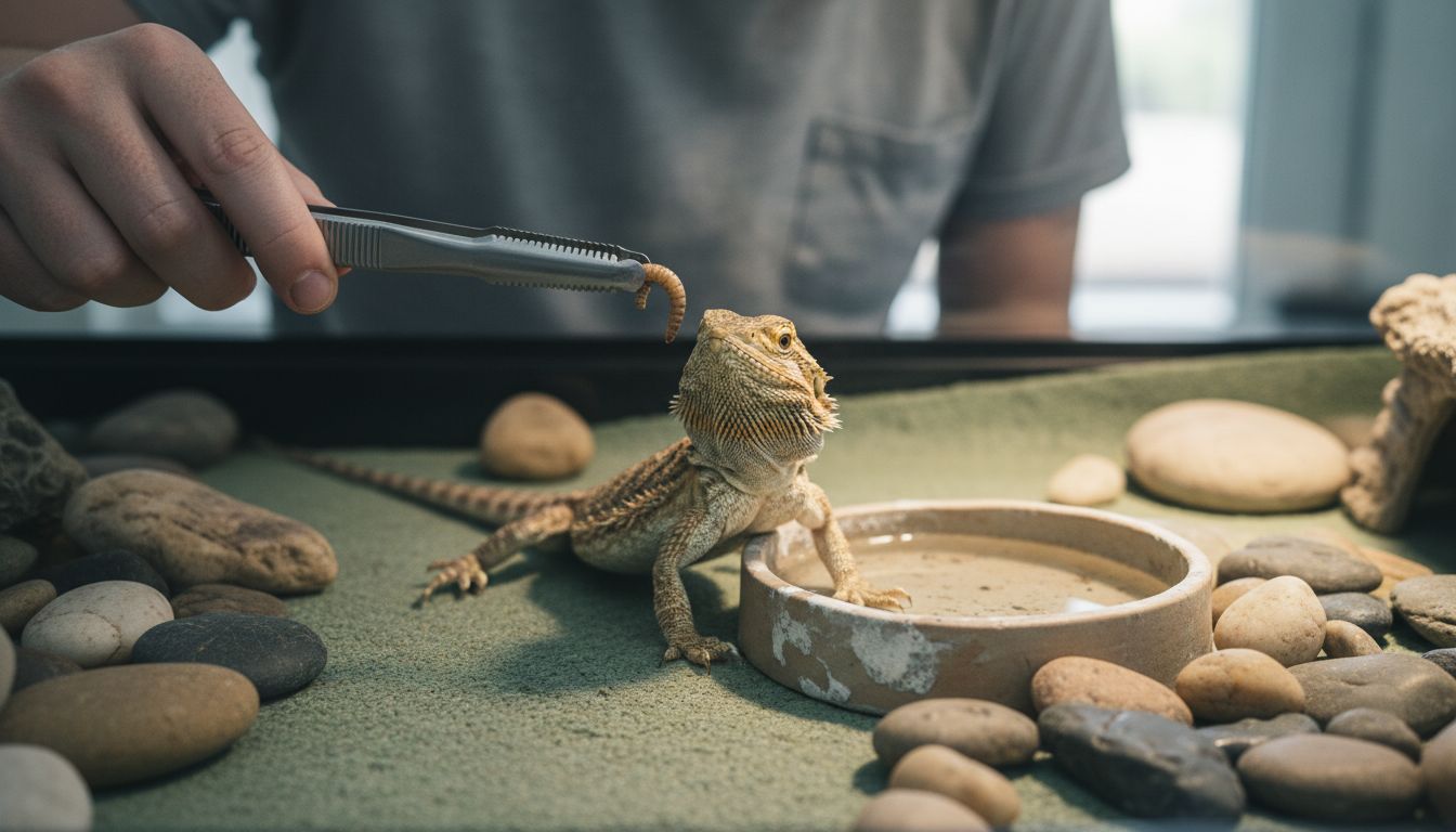 Feeding bearded dragon with tongs in habitat