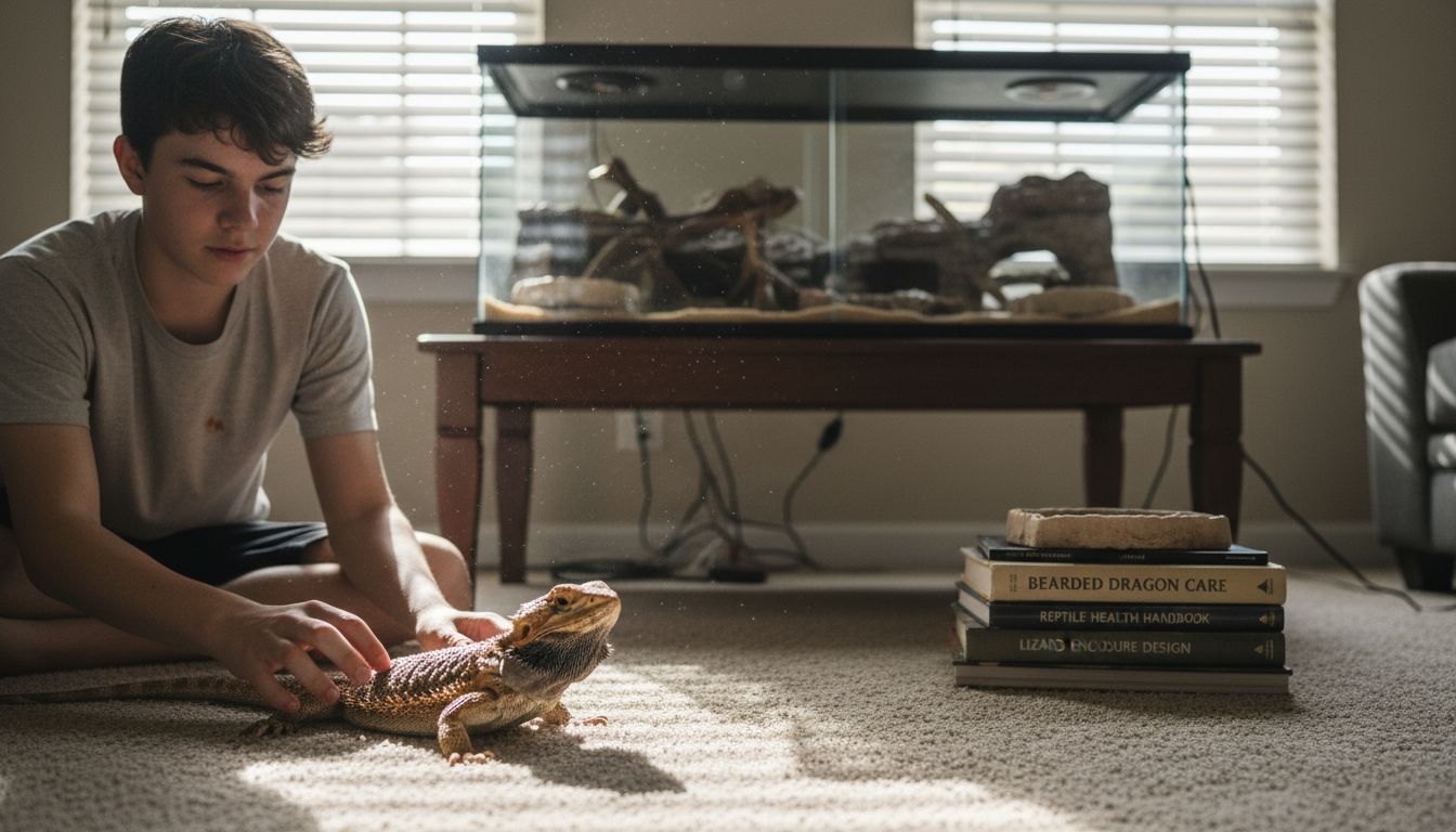 Person cautiously handling stressed bearded dragon