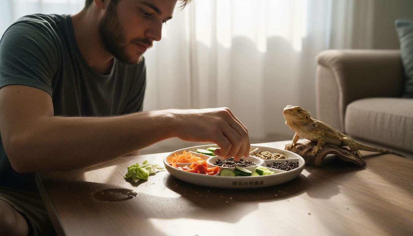 给胡须龙准备食物时，可以把不同种类的食物分门别类地摆放在食盘的不同区域，让它更方便挑选和进食。