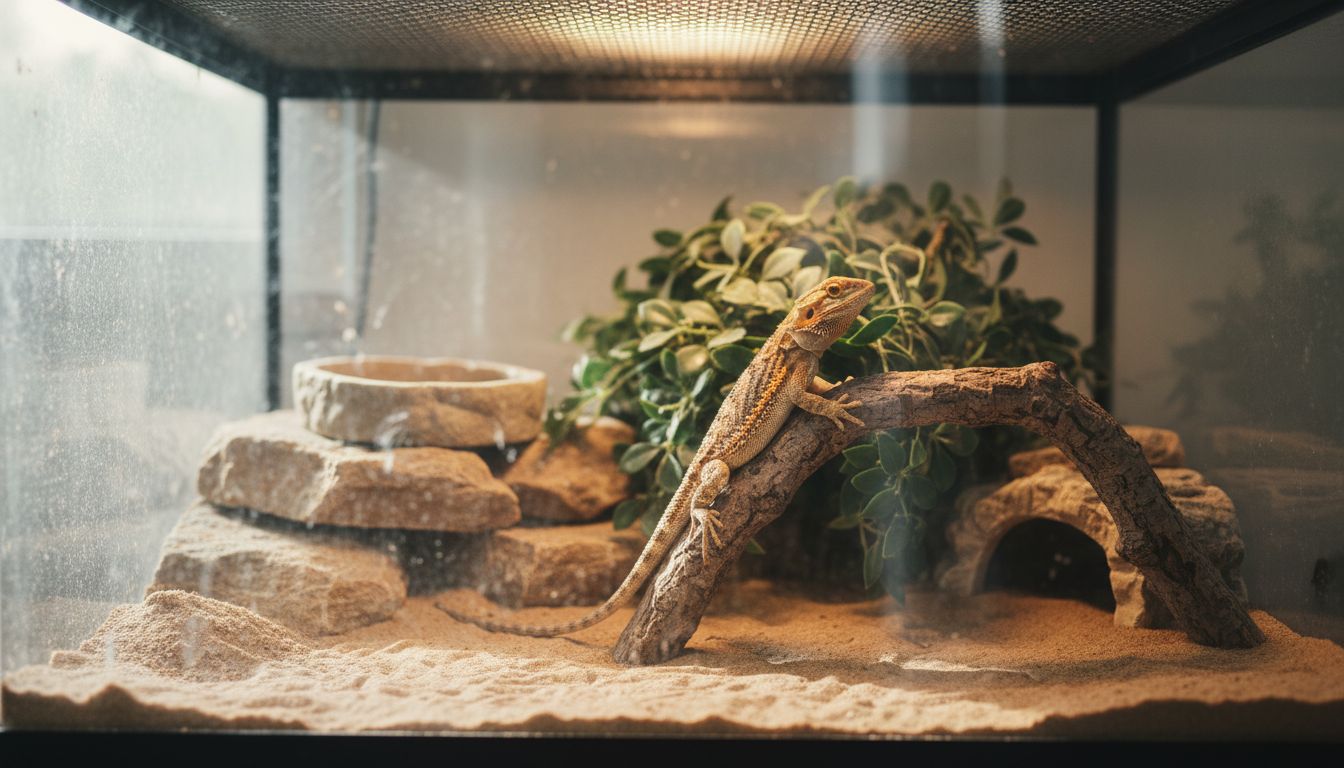 Bearded dragon climbing branch near rocks