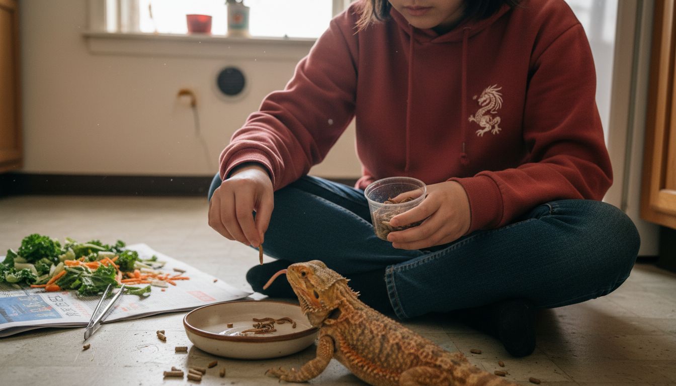 小女孩蹲在地上，给宠物胡子龙喂食。