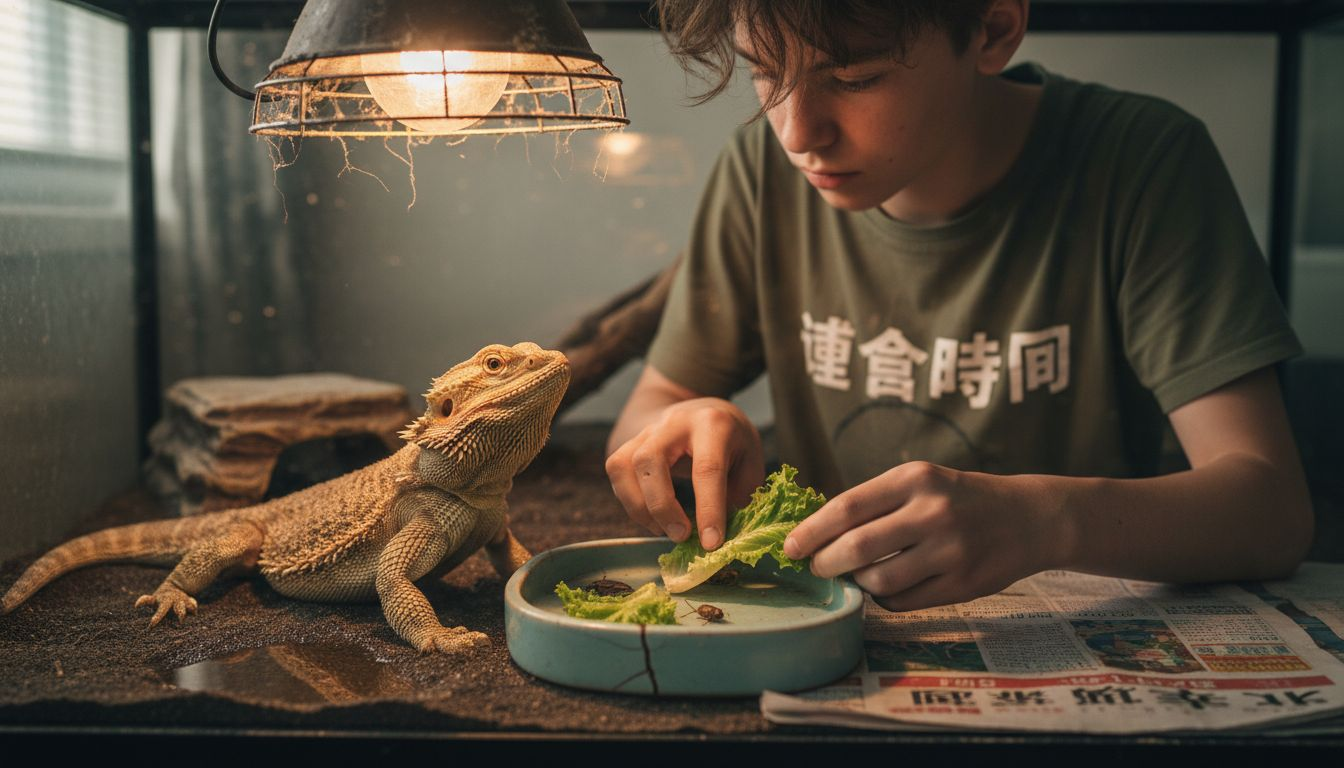 主人正在给胡子龙喂蔬菜和昆虫。