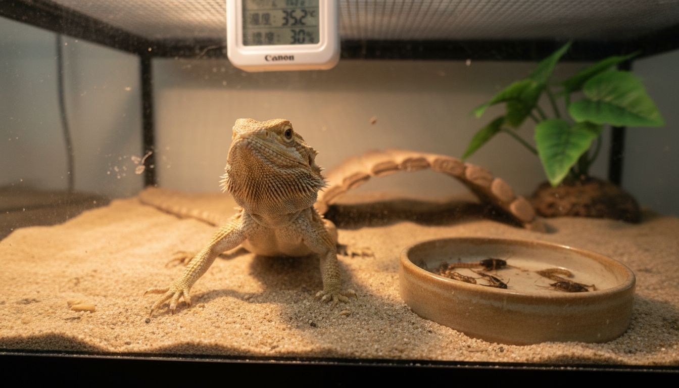 一只幼年的须尾龙正在温度计旁边进食。