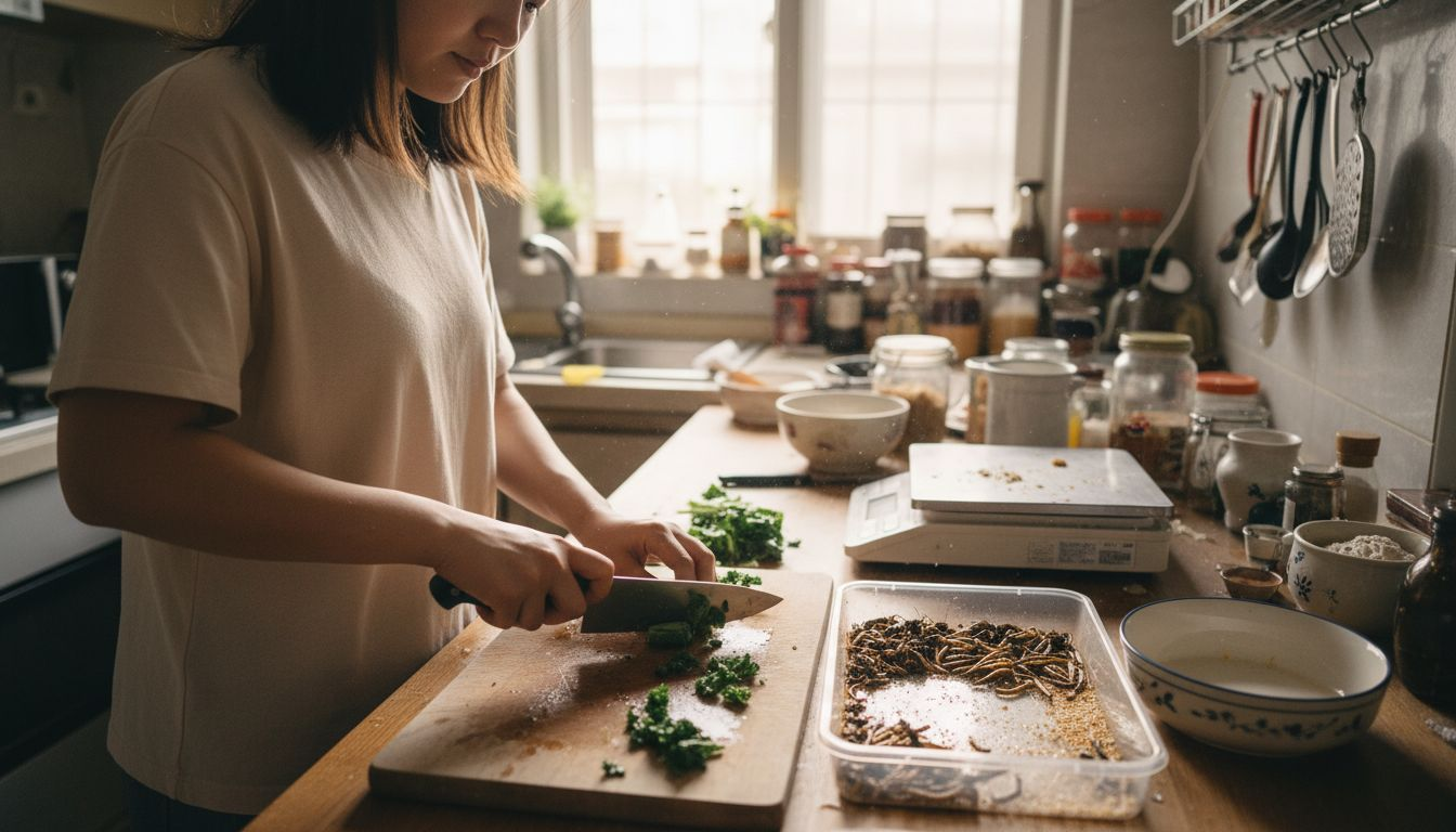 为胡须龙准备蔬菜和昆虫的喂食食材