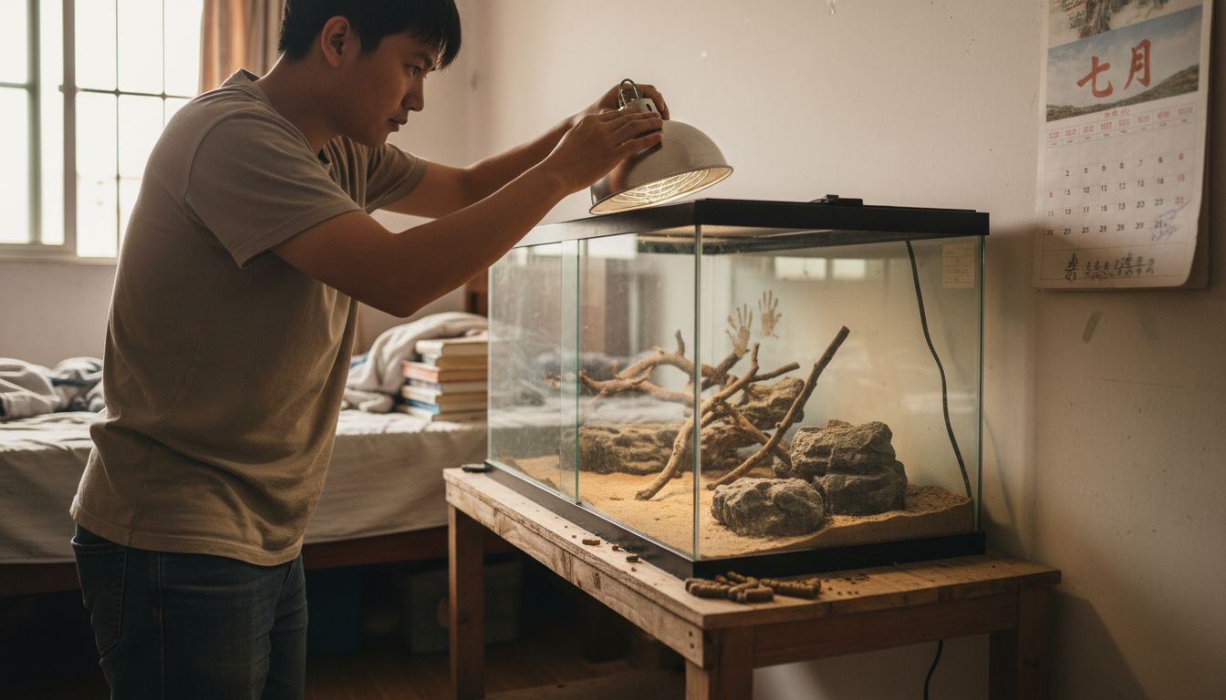 主人正在为鬃狮蜥整理饲养箱里的灯光，调整照明位置以确保它能有合适的温度和光照。