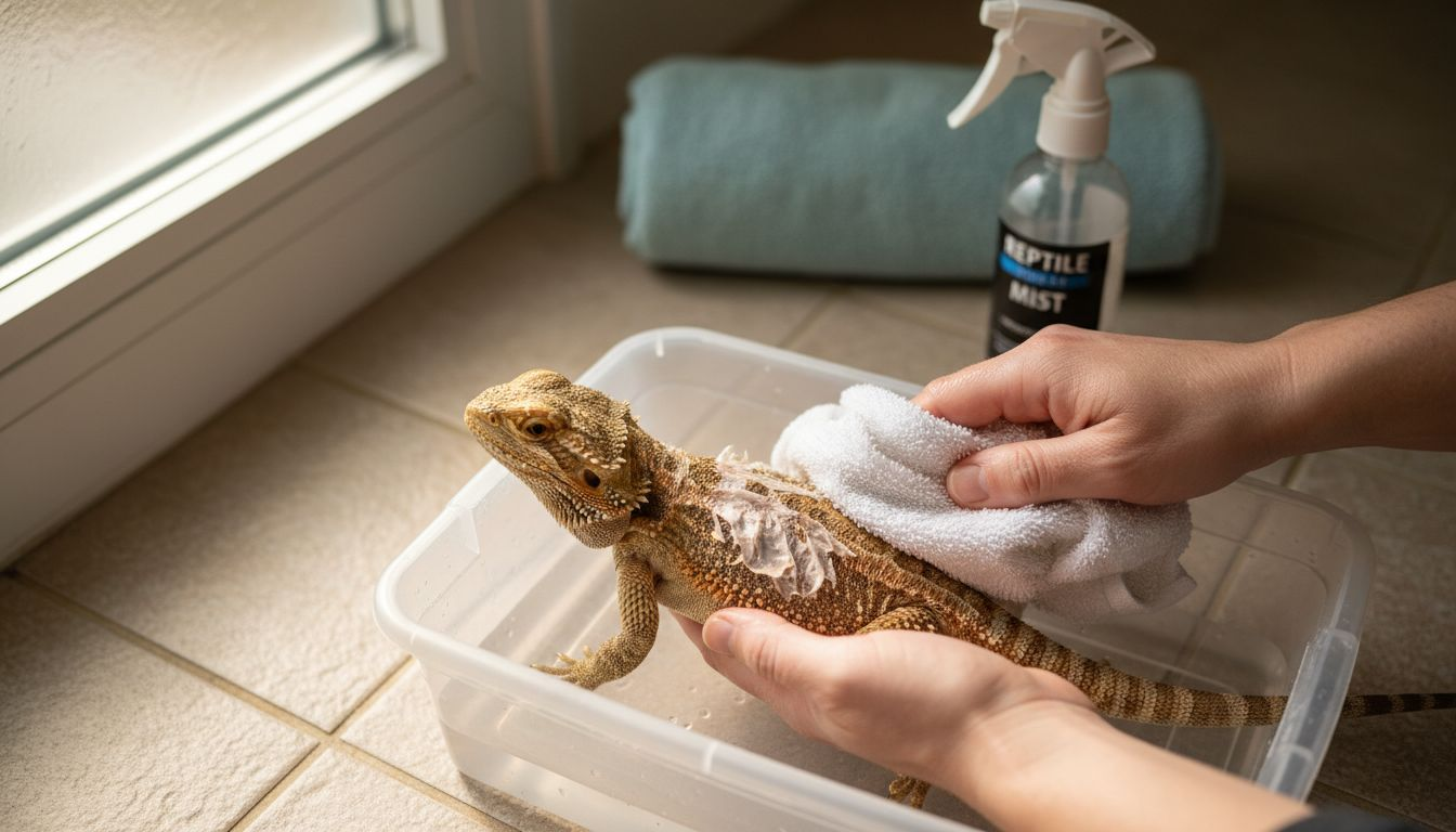 Hand cleaning bearded dragon with washcloth