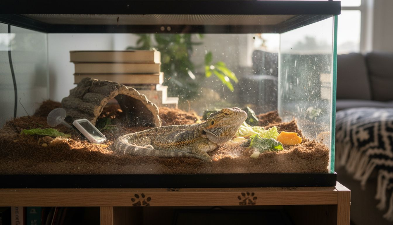 Bearded dragon showing brumation posture in habitat