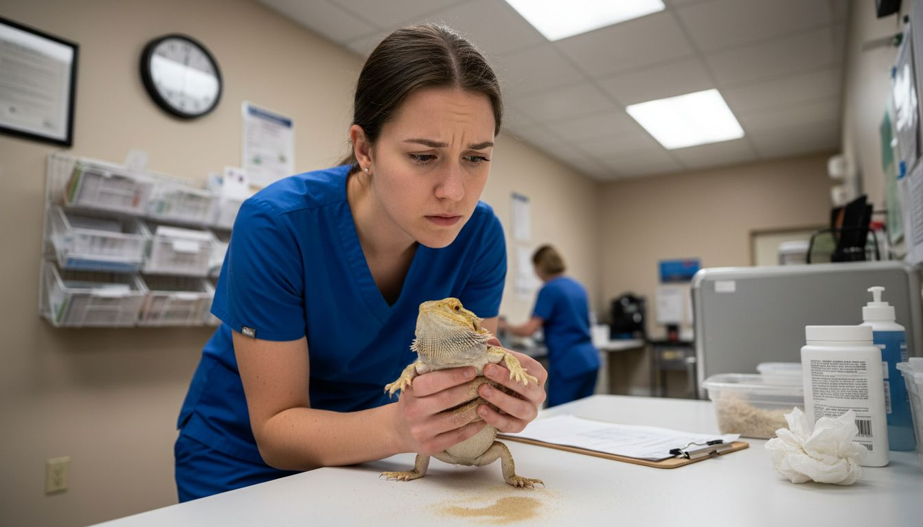 Vet examining bearded dragon for sand ingestion