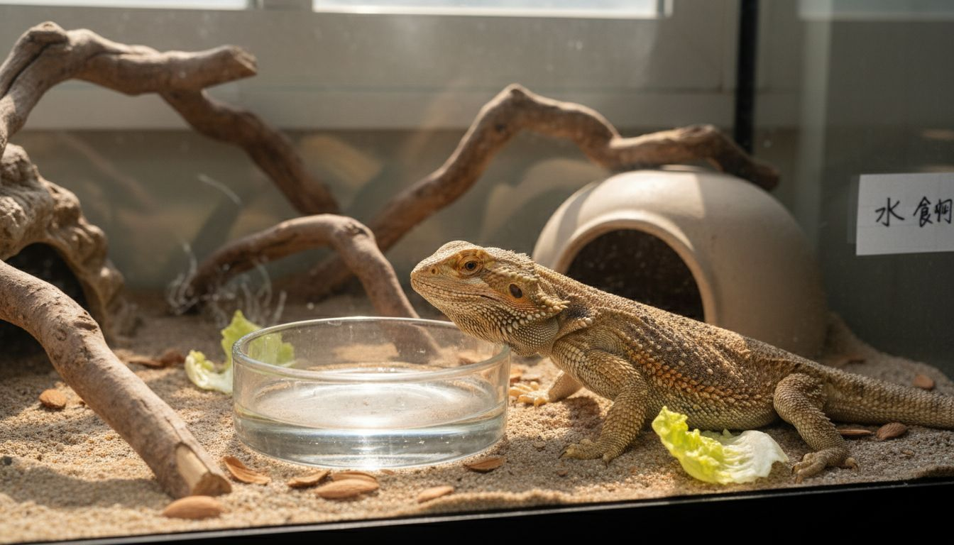 一只胡须龙被各种饮品包围，仿佛在挑选今天要喝什么一样。