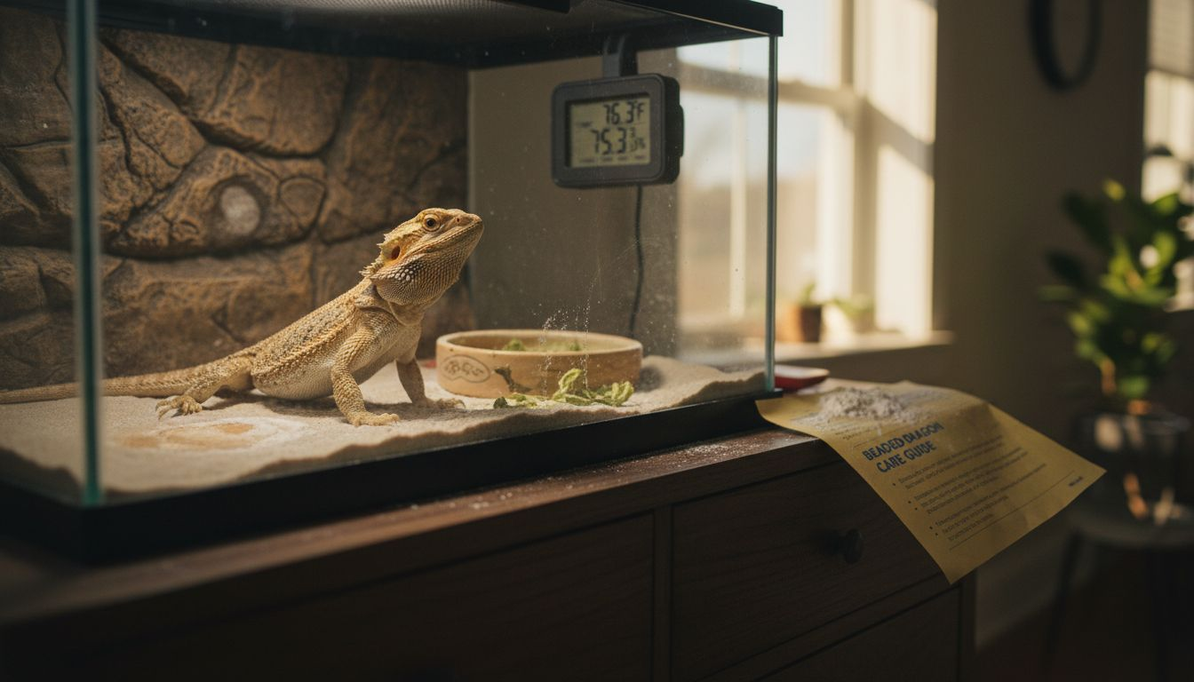 Bearded dragon near thermometer in habitat