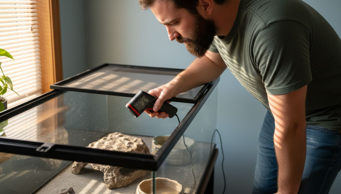 Owner checks bearded dragon’s basking temperature