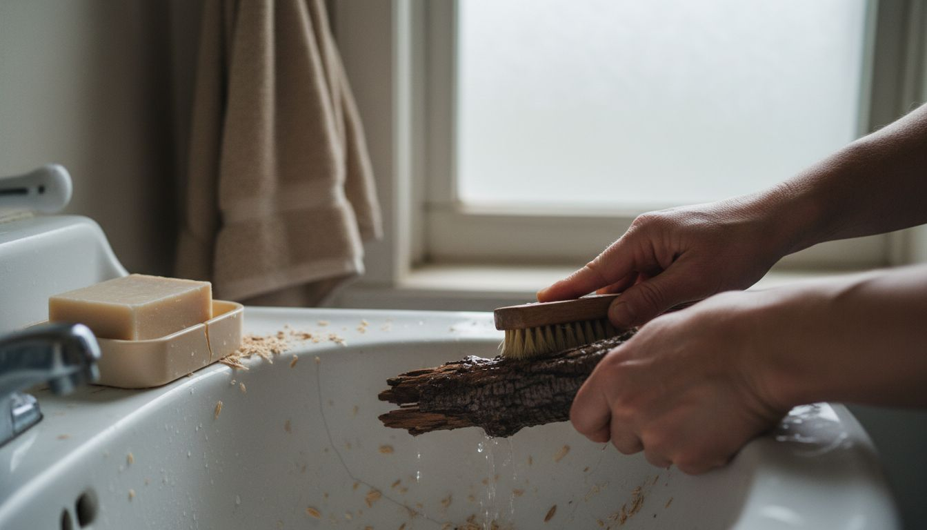 Scrubbing wooden reptile accessory in sink