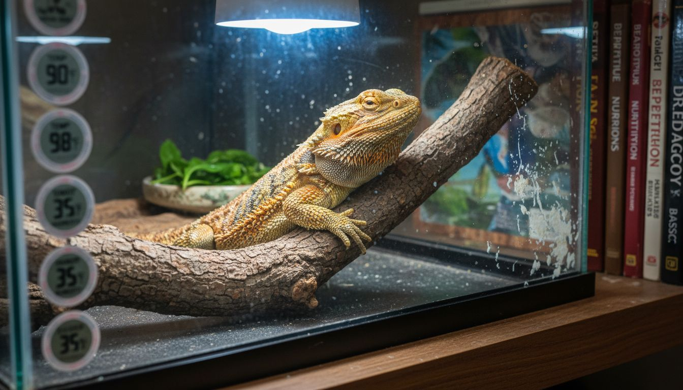 Bearded dragon under UVB bulb in tank