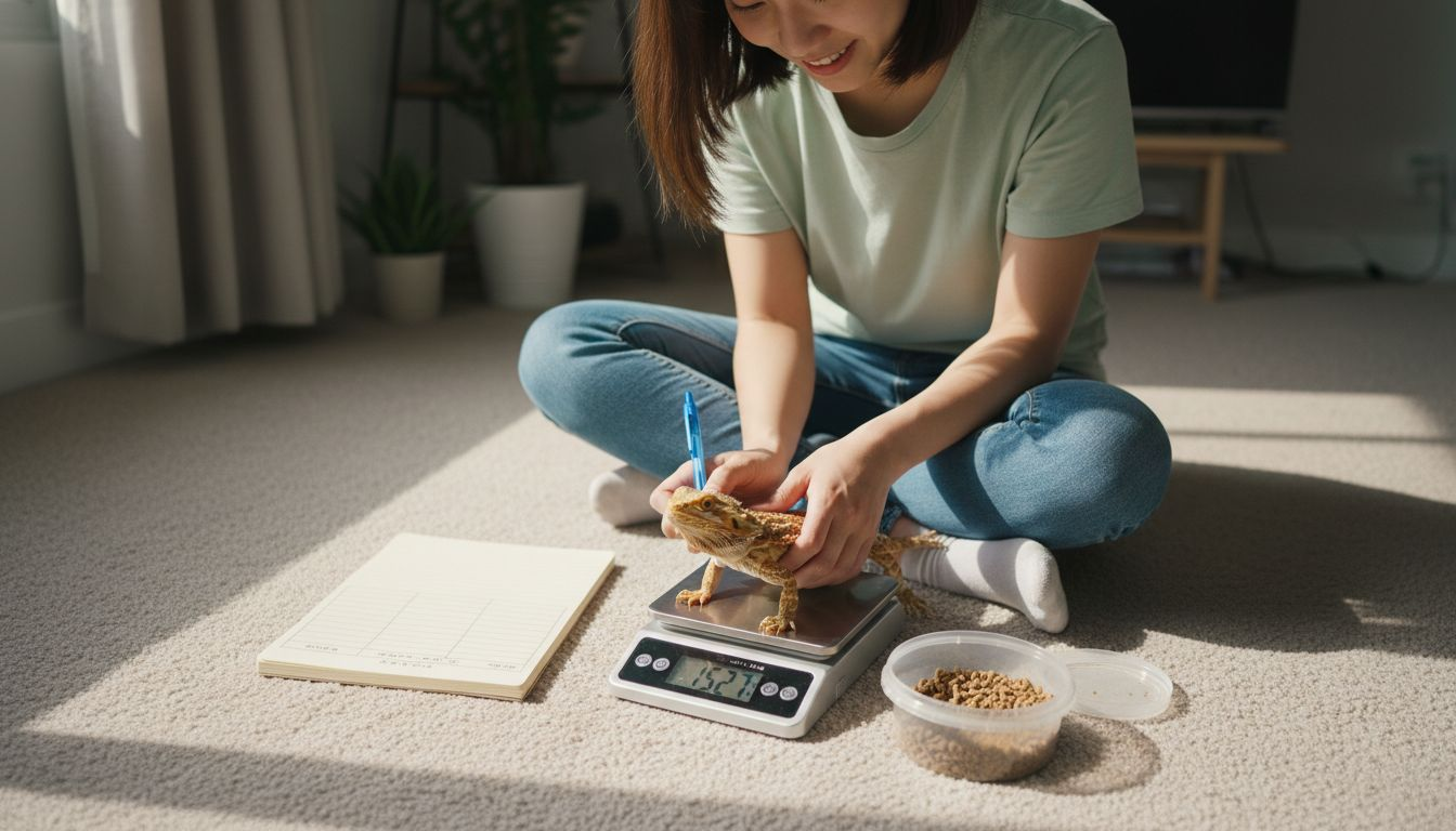 主人正在为他的胡子龙称重，并认真记录下数据。