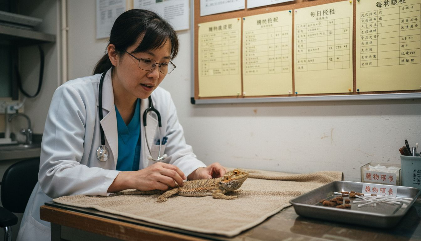 兽医正在诊所为一只明显消瘦的胡须龙做检查。