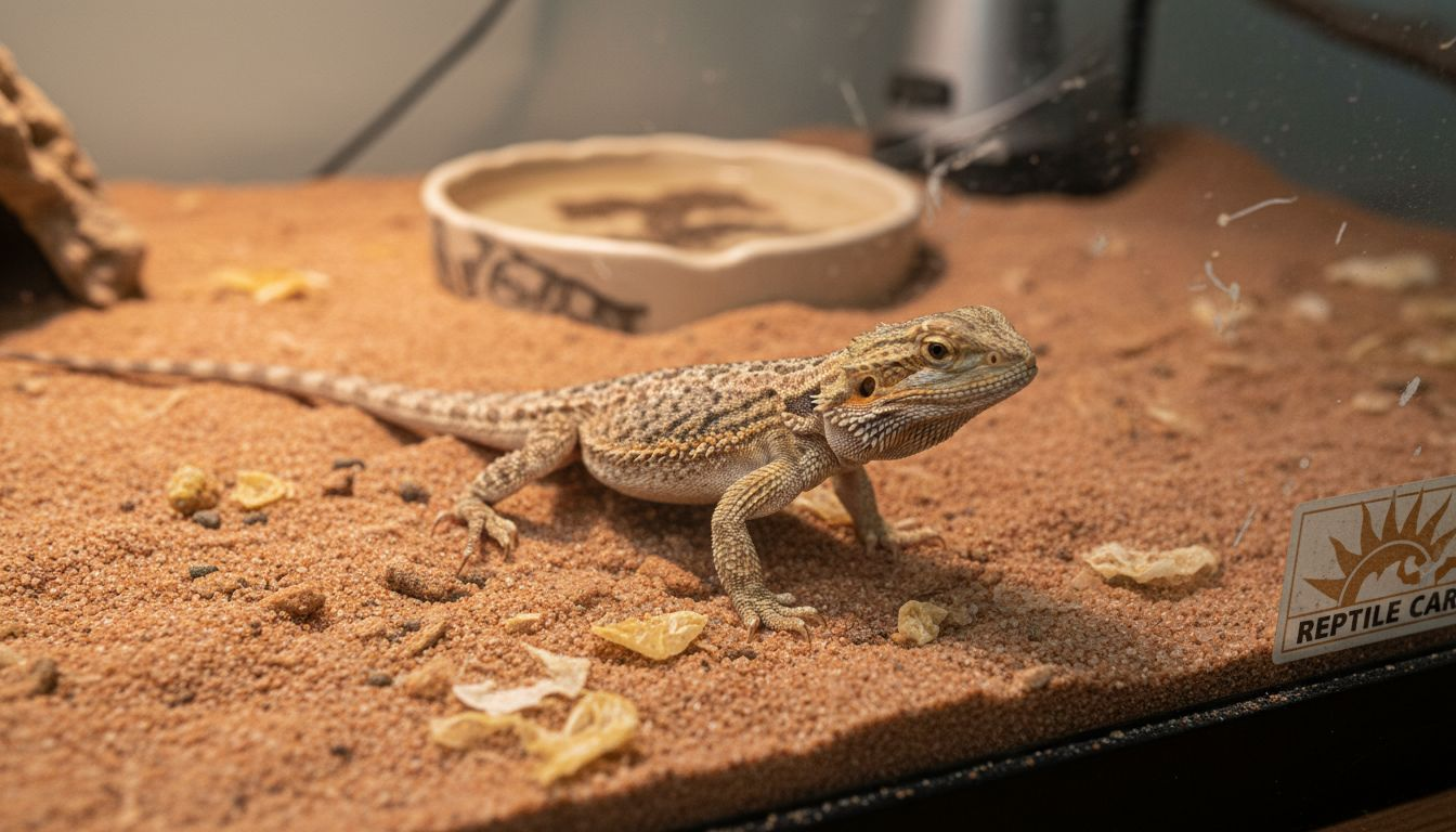 Bearded dragon on risky sandy substrate