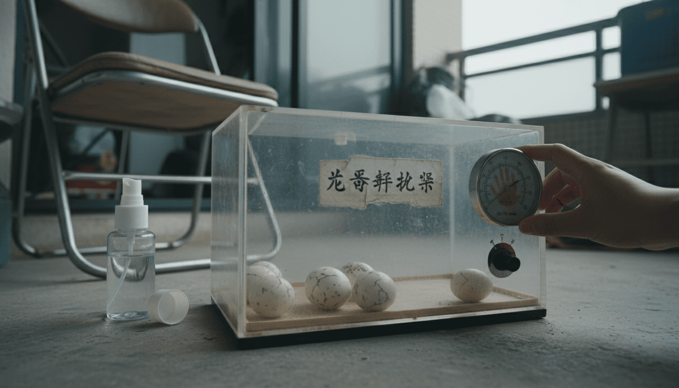 孵化箱里放着胡须龙的蛋,还有一个温度计,用来监控温度,确保它们能顺利孵化。