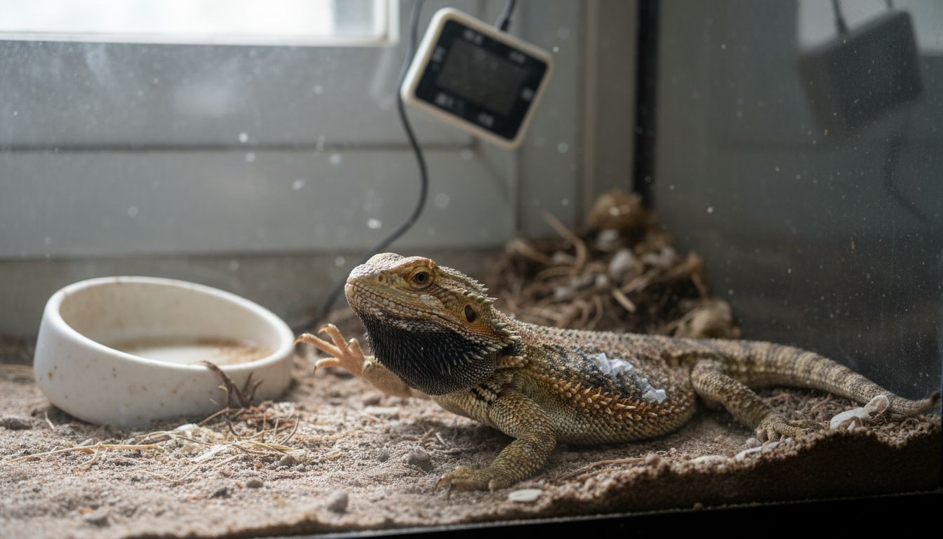 豹纹龙在饲养箱里表现出紧张不安的姿态