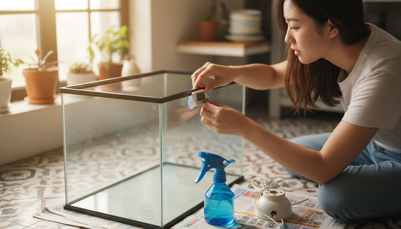 有人正在给爬宠箱安装加热设备和温度计，以便更好地调节箱内的温度环境。