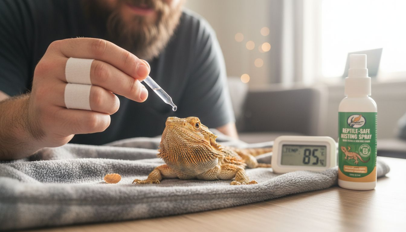 Owner hydrating bearded dragon with dropper