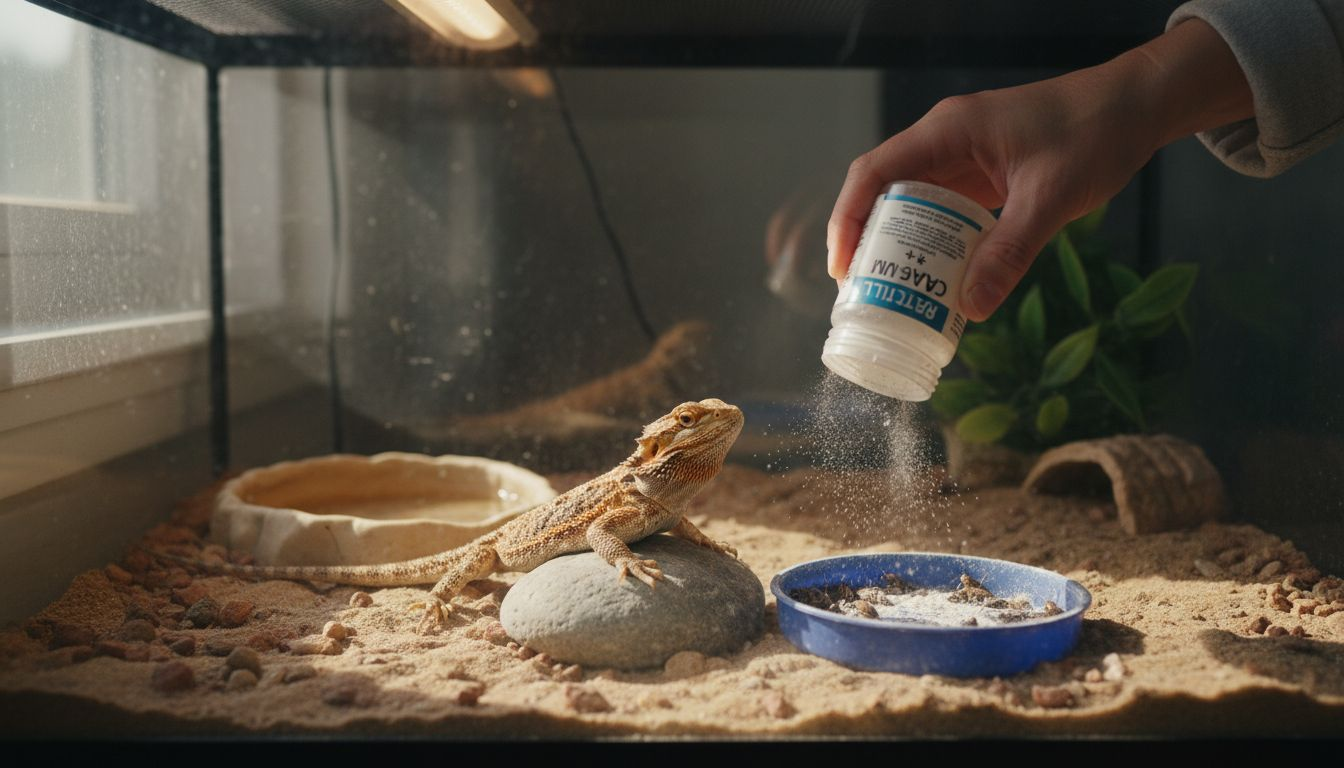 Bearded dragon being fed calcium-dusted insects